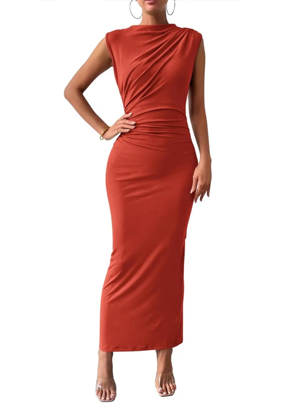 NWT Sleeveless BTFBM Ruched Maxi Dress in Rust